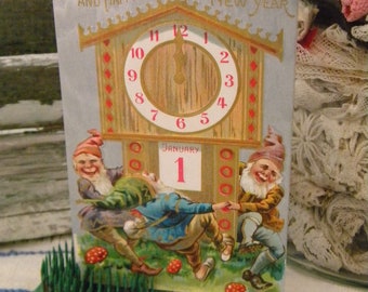 Antique Embossed New Year's Postcard - Dancing Gnomes