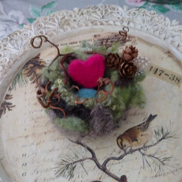 Felted Birds Nest Needle Felting Felted Egg & Red Heart Foraged Elements