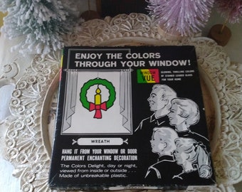 Vintage 1960's Window Vue Plastic Stained Glass Christmas Wreath with Box