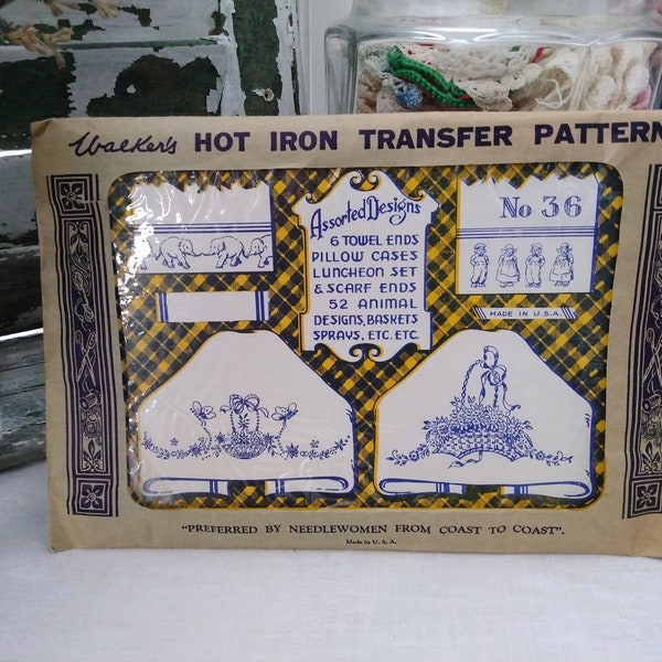 Vintage Walker's Hot Iron Transfer Patterns Envelope 36 Towel, Pillowcase, Luncheon Set, Animal & Children Wear Design