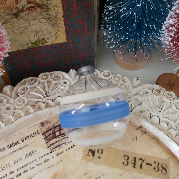 1940s Vintage Un-Silvered Blue & White Striped Christmas Ornament