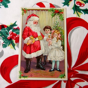 Antique Christmas Postcard - Santa Handing Out Presents To A Little Victorian Girl & Boy - circa 1913