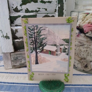 Vintage Christmas Greeting Card - Winter Scene Log Cabin - Unused circa 1940&#39;s