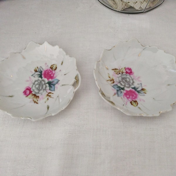 2 Leaf Shaped Rose Floral Porcelain Trinket Dishes - Japan