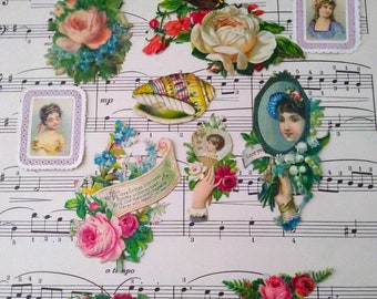 1890s Victorian Die Cut Scrap Ladies & Floral Scrap Lot of 10