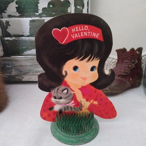 Vintage Hallmark Valentine&#39;s Day Card-Girl Holding a Gray Kitten-Flocked Greeting Card-Unused