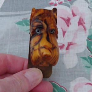 May include: A carved wooden dog head figurine with a brown and yellow color scheme. The dog has blue eyes and a detailed facial expression. The figurine is mounted on a brown base.