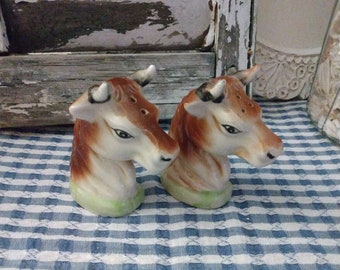 Vintage MCM Ceramic Cow Head Salt & Pepper Shakers Japan