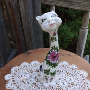 Vintage MCM 1960s Italian Pottery Long Neck Floral Cat Figurine