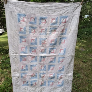 Vintage Pink & Blue Hand Sewn Log Cabin Child&#39;s Quilt 53&quot; x 36&quot;