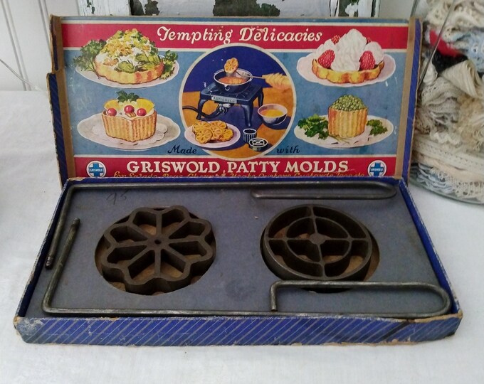 Vintage Griswold Cast Iron Patty Molds No. 1, Shallow Pattern, Original