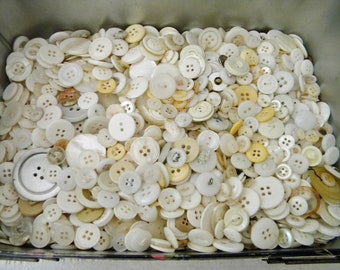 Vintage White Ivory Cream Buttons Plastic & MOP 1/2 Cup Random Scoop Grab Bag Mixed Buttons