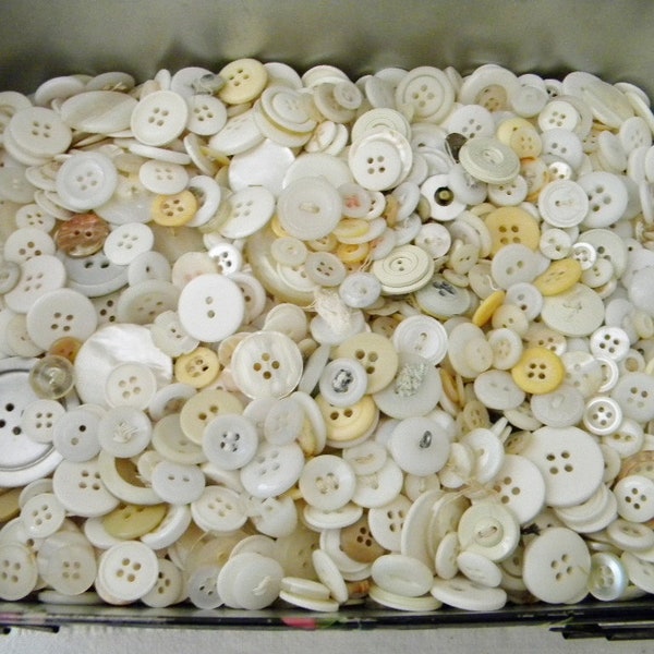 Vintage White Ivory Cream Buttons Plastic & MOP 1/2 Cup Random Scoop Grab Bag Mixed Buttons