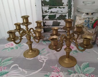 Vintage Brass Candelabras, Five Arm Swivel Pair, 8-Inch Tall