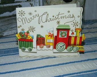 Vintage Christmas Greeting Card - Merry Christmas Train - Unused circa 1950's