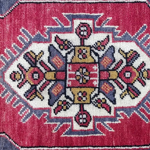 Vintage Rug, Turkish Rug, 3'5''x1'5'', Oushak Rug, Boho shops Rug, Handmade Rug, Accent Rug, Wool, Doormat, Oriental Rug, Red Blue Mustard
