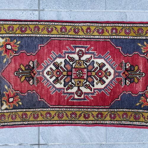 Vintage Rug, Turkish Rug, 3'5''x1'5'', Oushak Rug, Boho shops Rug, Handmade Rug, Accent Rug, Wool, Doormat, Oriental Rug, Red Blue Mustard