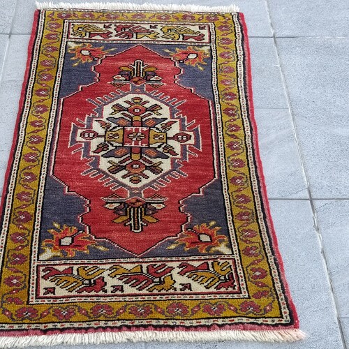 Vintage Rug, Turkish Rug, 3'5''x1'5'', Oushak Rug, Boho shops Rug, Handmade Rug, Accent Rug, Wool, Doormat, Oriental Rug, Red Blue Mustard