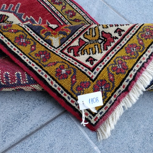 Vintage Rug, Turkish Rug, 3'5''x1'5'', Oushak Rug, Boho shops Rug, Handmade Rug, Accent Rug, Wool, Doormat, Oriental Rug, Red Blue Mustard