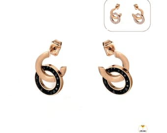 Small Crystal Open Circle Studs Black or White CZ Crystals Luxury 18K Rose Gold Plated Stainless Steel Earrings