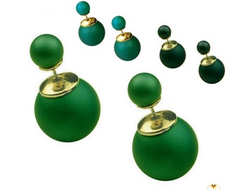 Double Pearl Earrings, Double Side Front Back Earring, Ball Bead Studs Gold Finished - MIDDLE SIZE - 3 Shadows of Green - Good Quality