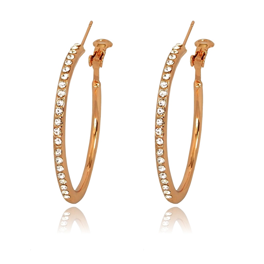 Paved Hoop Earrings Classic Middle Size Rose Gold Plated Clear Crystal