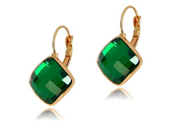 LUXURY LOOK Green Emerald Colour Square Faceted Flat Crystal Rose Gold Plated Drop Hook Lever Back Earrings