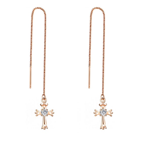 Cross style threader earring silver with zirconia long cross Drop Chain