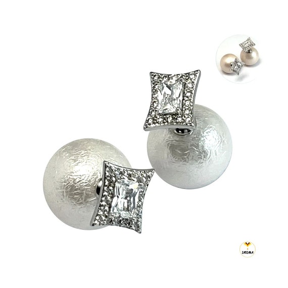 Double Pearl Earrings Double Side Front Back Pearl and Crystals