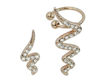 Asymmetric Snake Ear Cuff Wrap Rose Gold Plated Rhinestones Stud Earrings High Quality