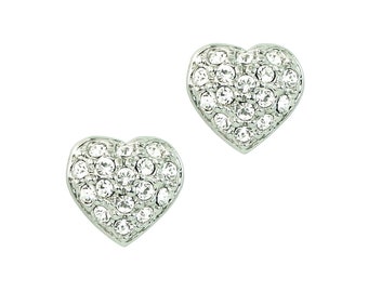 Clear Crystal Heart Studs White Gold Plated Clear Rhinestones Paved Small 9mm Studded Earrings in Box