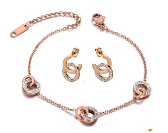 Luxus Hohlkreise 18K Rose vergoldet Edelstahl Gliederkette Zartes Armband und Ohrringe Set