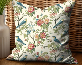 Toile Pillow Cover With Insert: Birds and Flowers, Chinoiserie Throw Pillow