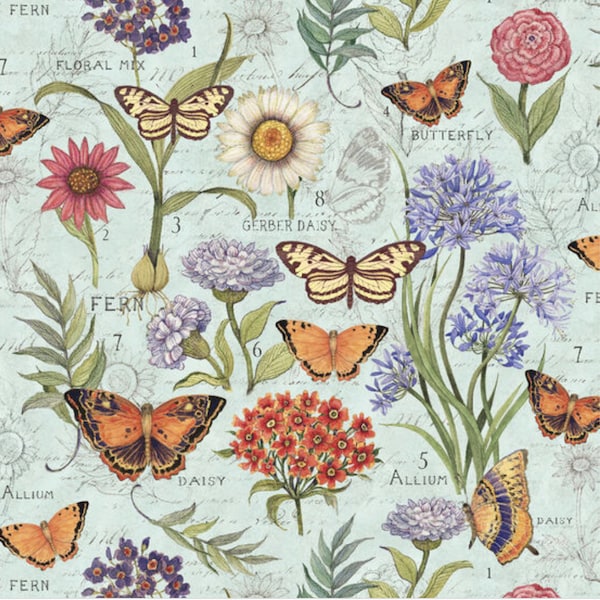 Susan Winget Premium Cotton Fabric Butterfly Floral On Blue - 100 % Cotton Perfect for Quilting, Crafting, and Sewing Projects
