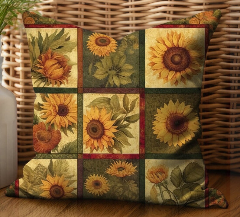 Square throw pillow or accent pillow with nine block quilt style of different vintage sunflower prints with yellow sunflowers & green leaves on either a light cream background or a green background. Nine block design is on both sides of the pillow.