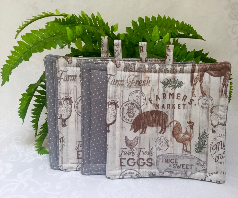 Farm Animals Modern Farmhouse Kitchen Accessory Handmade Pot Holders Set of 2, Farmhouse Style Pot Holder, Farming Gifts, New Home Gift image 1