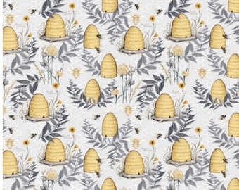 Beehive Floral Toile Cotton Fabric - Susan Winget Bee Hives - Gray