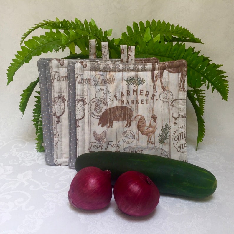 Farm Animals Modern Farmhouse Kitchen Accessory Handmade Pot Holders Set of 2, Farmhouse Style Pot Holder, Farming Gifts, New Home Gift image 2