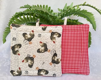 French Country Rooster Handmade Quilted Pot Holders - Set of 2, Chicken Theme Farmhouse Style Pot Holder, Teacher Gift, Bridal Shower Gift