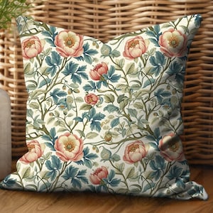 Climbing Roses Cottagecore Throw Pillow: Victorian Botanical Print Gift