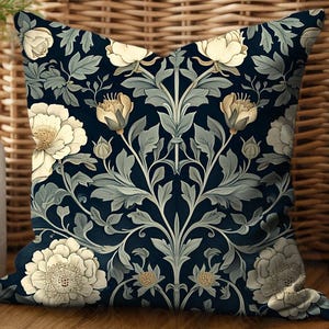 White Poppy Floral Throw Pillow: William Morris Style Accent Decor
