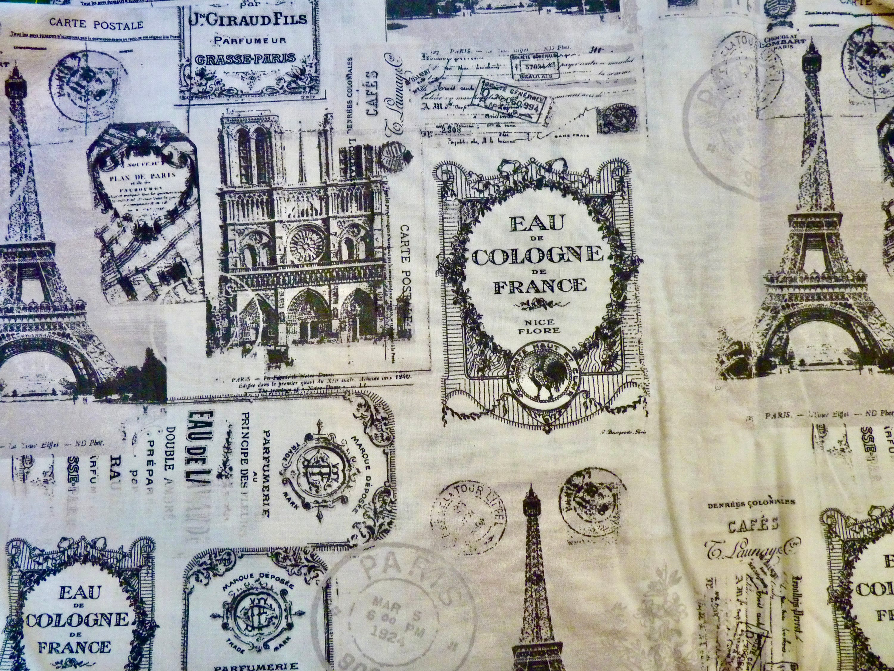 Paris Stamps Cotton Fabric: Eiffel Tower French Toile, Quilting Sewing Craft