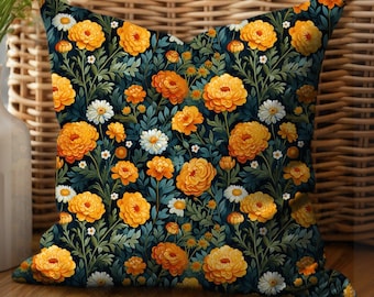 Marigold Birthflower Floral Throwpillow, Cottagecor Decor, Custome Pillow, Custom-Pillow-Gift, Decore Nursery Accentpillow, Cottagecor