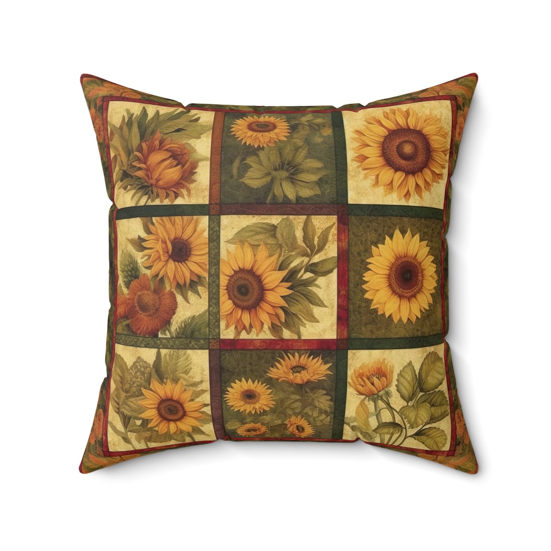 Sunflower Block French Farmhouse Throw Pillow, Botanical Cottagecore