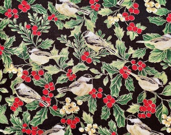 May include: A fabric with a repeating pattern of small birds, red berries, and green leaves on a black background. The birds are depicted with tan and gray feathers. The berries and leaves suggest a holiday theme.