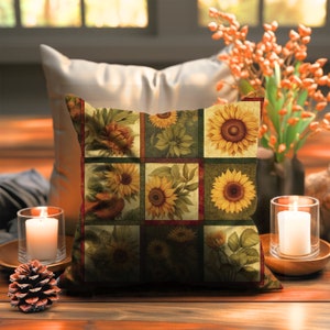 Square throw pillow or accent pillow with nine block quilt style of different vintage sunflower prints with yellow sunflowers & green leaves on either a light cream background or a green background. Nine block design is on both sides of the pillow.