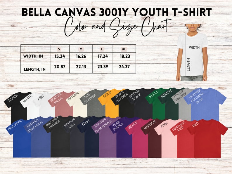 Bella and Canvas 3001Y youth size chart