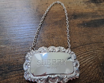 Vintage Silver Bottle Label, Sherry Label, Mappin & Webb Ltd, 1994, Solid silver decanter label