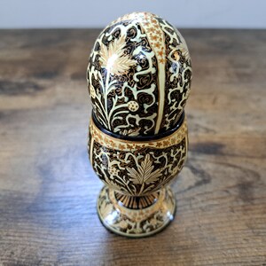 Vintage hand painted Russian lacquered egg & egg cup, Decoration, ornamental egg