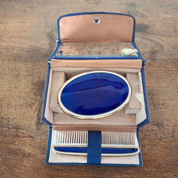 Antique Small Enamel Backed Hair Brush & matching comb in fitted box, Brush and Comb set, travelling set